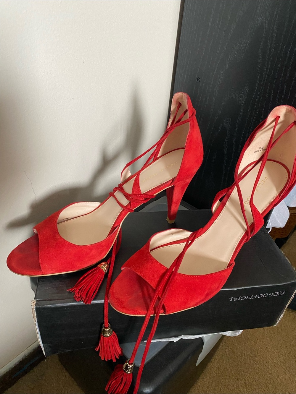 Pelle Moda Red Suede Tassel Lace-Up Stiletto Sandals